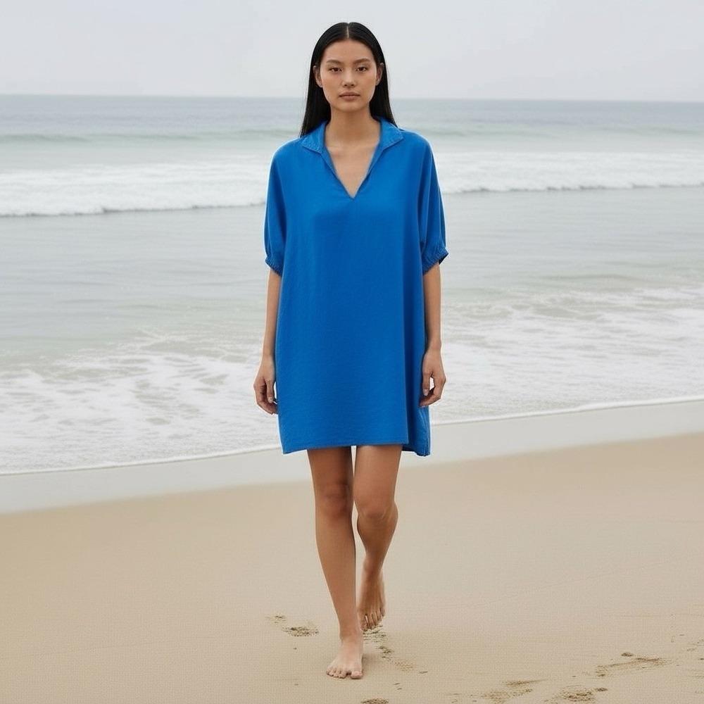 Emily McCarthy Womens Small Relaxed Fit Blue Linen Blend Preppy Poppy Dress